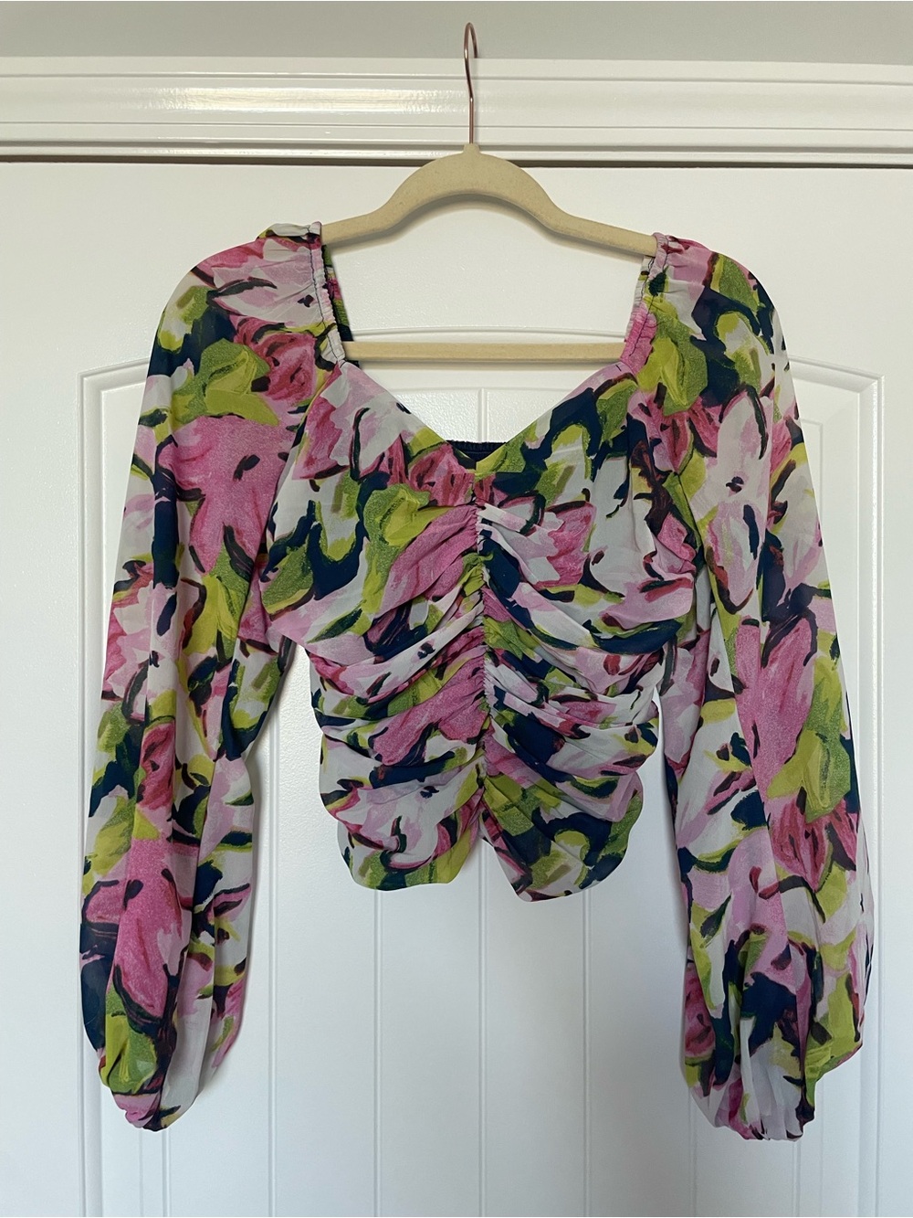 Abercrombie & Fitch Pink Floral Ruched Long-Sleeve Blouse